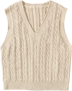 MakeMeChic Girl's Cable Knit Vest V Neck Sleeveless Crop Cute Sweater Vests