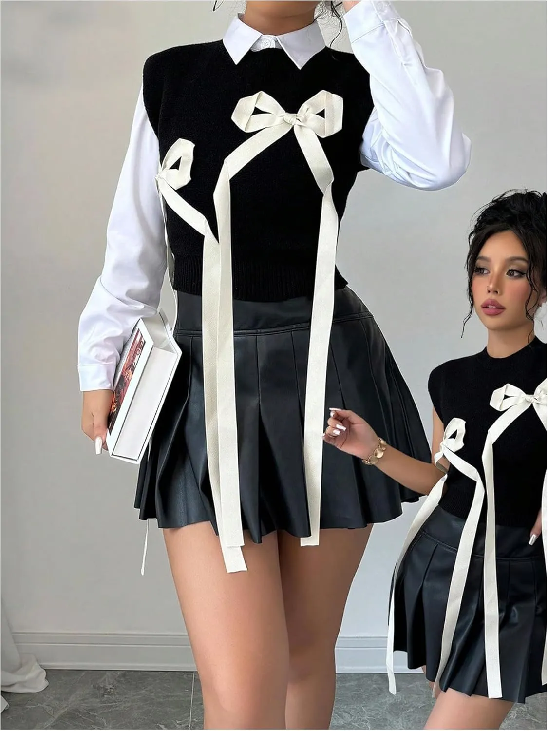 MakeMeChic Women's Bow Sweater Vest Crew Neck Sleeveless Crop Vests Preppy Sweaters
