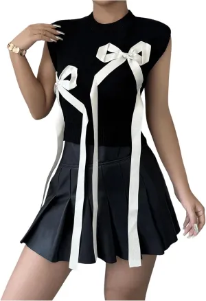 MakeMeChic Women's Bow Sweater Vest Crew Neck Sleeveless Crop Vests Preppy Sweaters