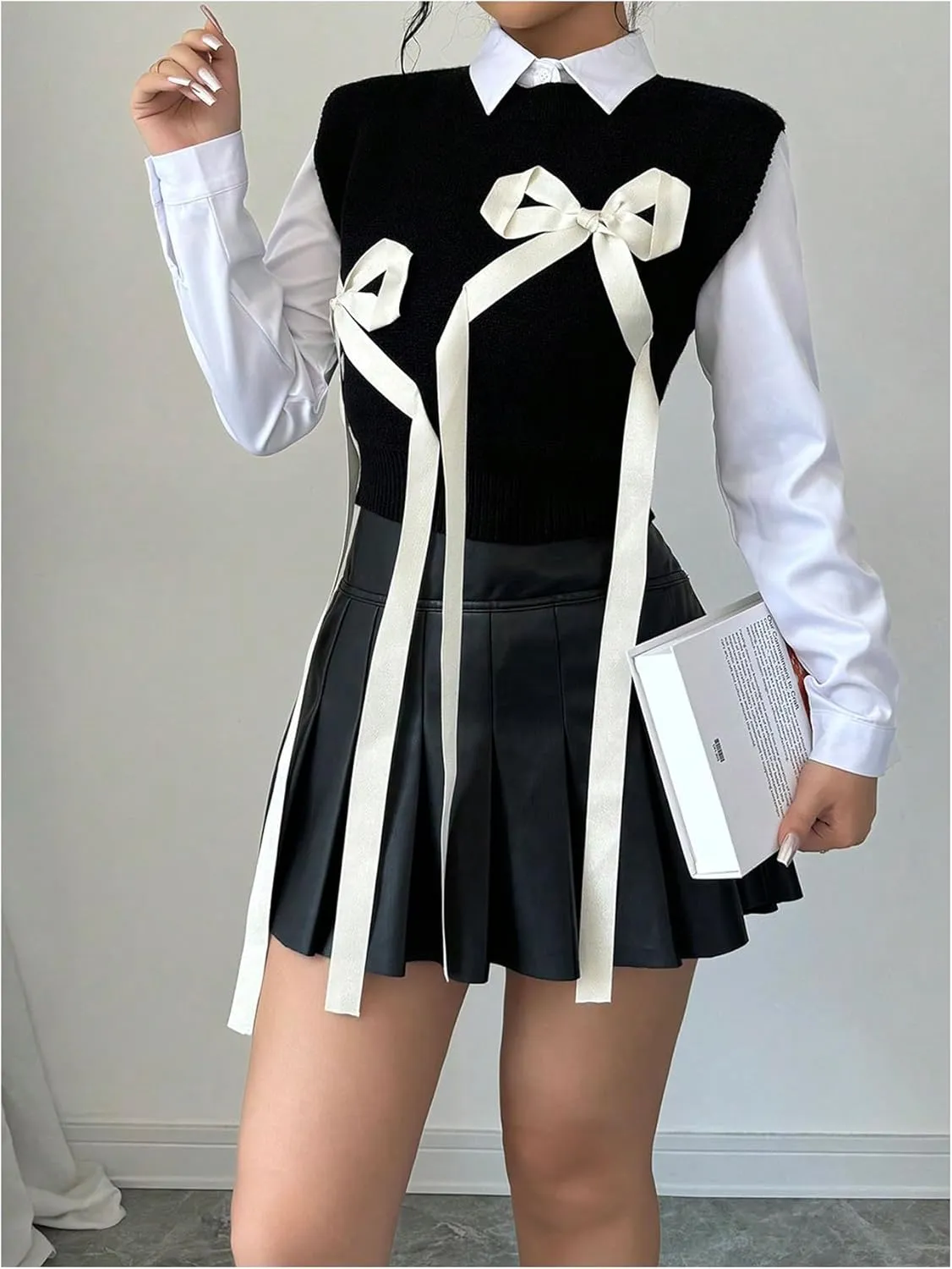 MakeMeChic Women's Bow Sweater Vest Crew Neck Sleeveless Crop Vests Preppy Sweaters
