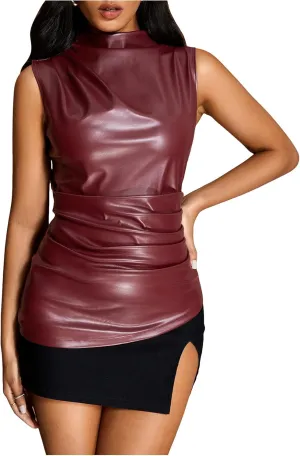 MakeMeChic Women's PU Leather Tank Top Mock Neck Y2k Ruched Party Sleeveless Leather Tops