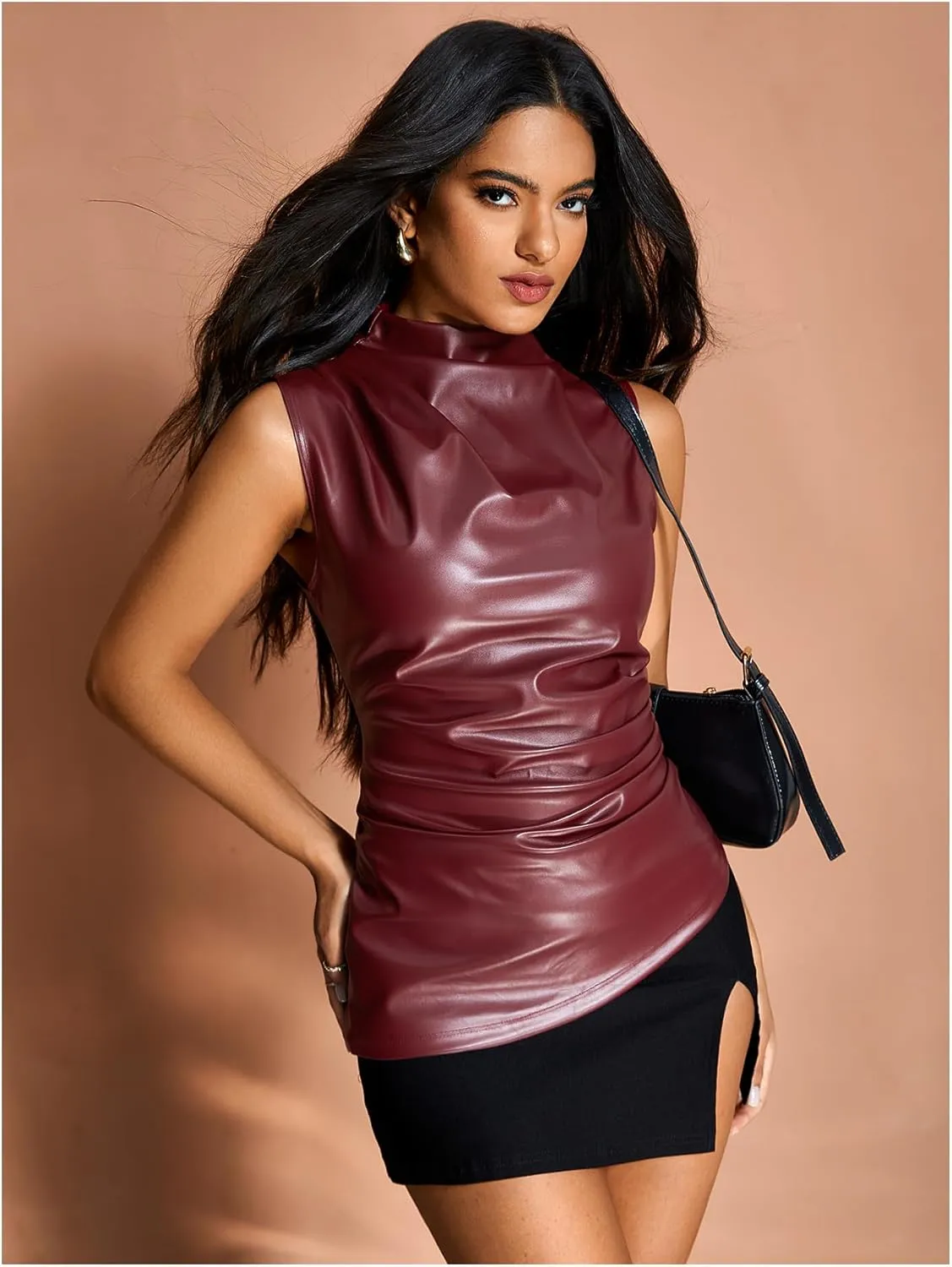 MakeMeChic Women's PU Leather Tank Top Mock Neck Y2k Ruched Party Sleeveless Leather Tops