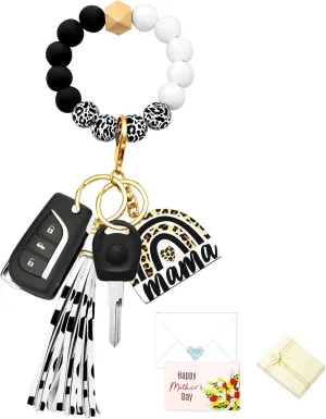 Mama Keychain with Mother's Day Card Silicone Wooden Beaded Keychain Wristlet with Leather Tassel Leopard Print Key Ring Bracelet for Car Keys Purse Bag Backpack Mothers Day Gifts, Black White