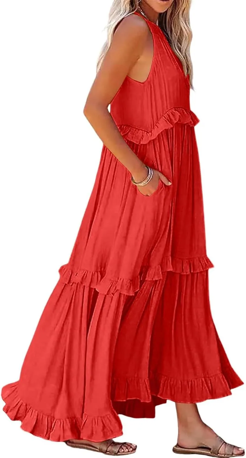 Maxi Dresses for Women 2025 Halter Neck Sleeveless Tiered Long Dress Flowy Comfy Smocked Ruffle Beach Sundresses