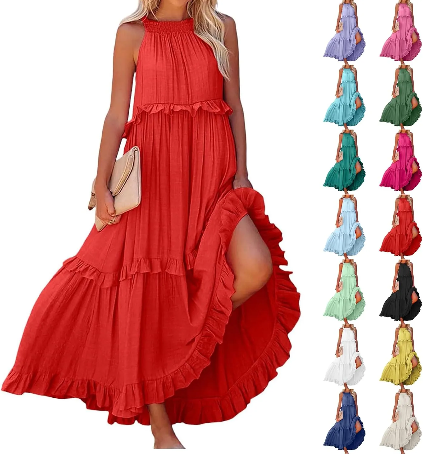 Maxi Dresses for Women 2025 Halter Neck Sleeveless Tiered Long Dress Flowy Comfy Smocked Ruffle Beach Sundresses