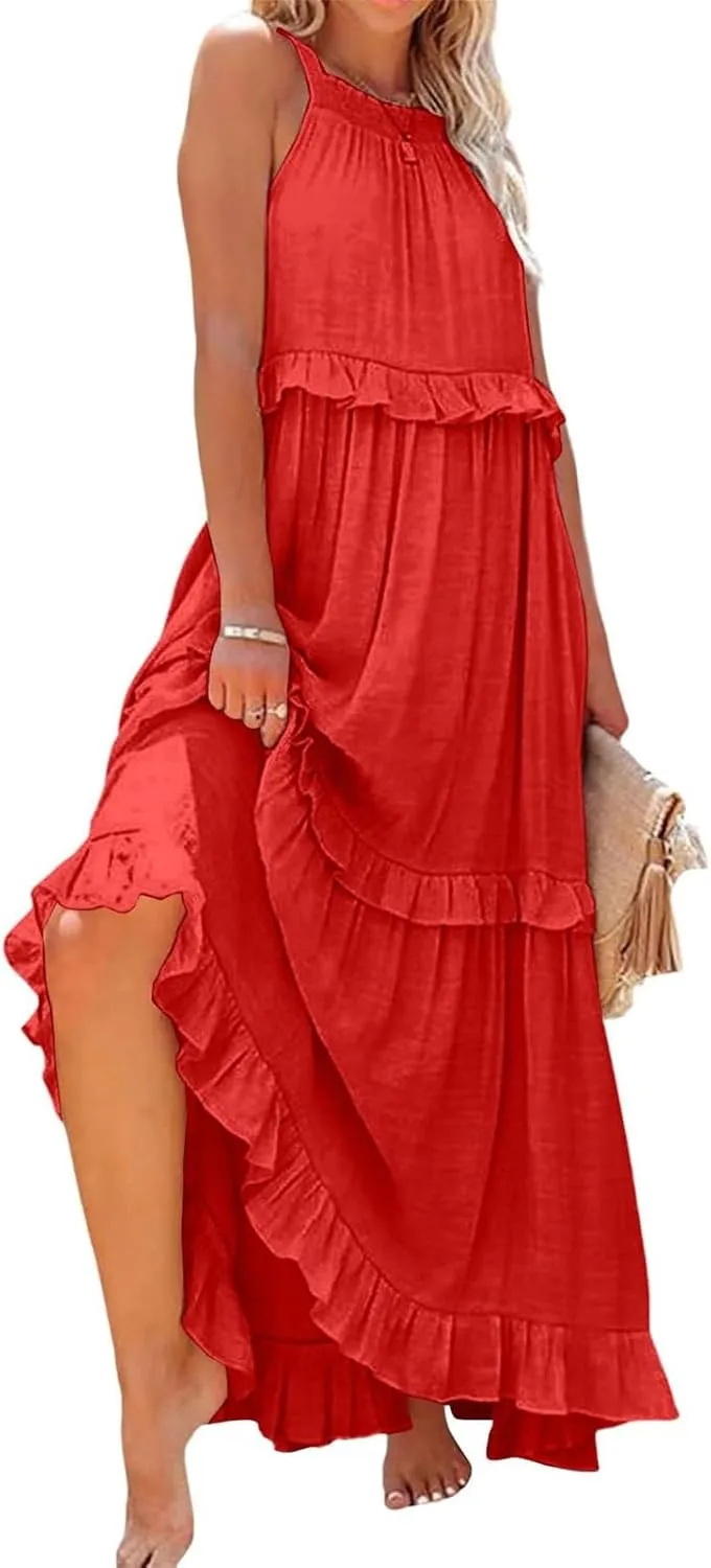 Maxi Dresses for Women 2025 Halter Neck Sleeveless Tiered Long Dress Flowy Comfy Smocked Ruffle Beach Sundresses