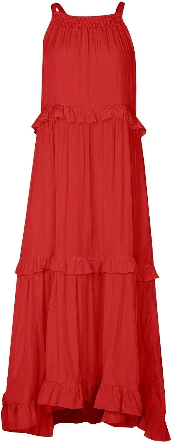 Maxi Dresses for Women 2025 Halter Neck Sleeveless Tiered Long Dress Flowy Comfy Smocked Ruffle Beach Sundresses