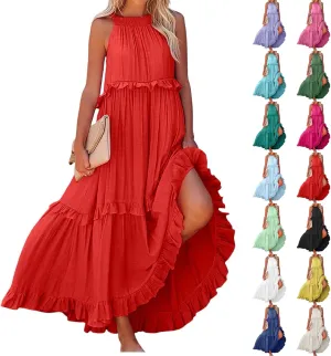 Maxi Dresses for Women 2025 Halter Neck Sleeveless Tiered Long Dress Flowy Comfy Smocked Ruffle Beach Sundresses