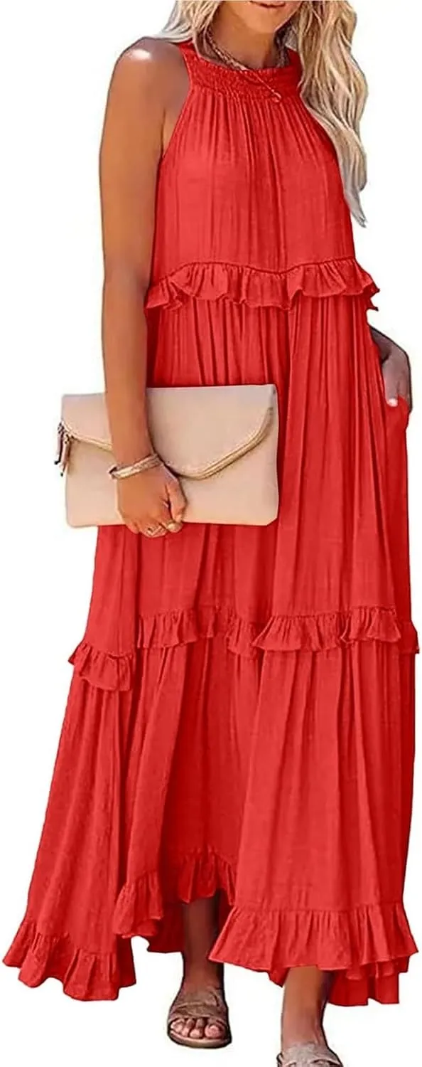 Maxi Dresses for Women 2025 Halter Neck Sleeveless Tiered Long Dress Flowy Comfy Smocked Ruffle Beach Sundresses