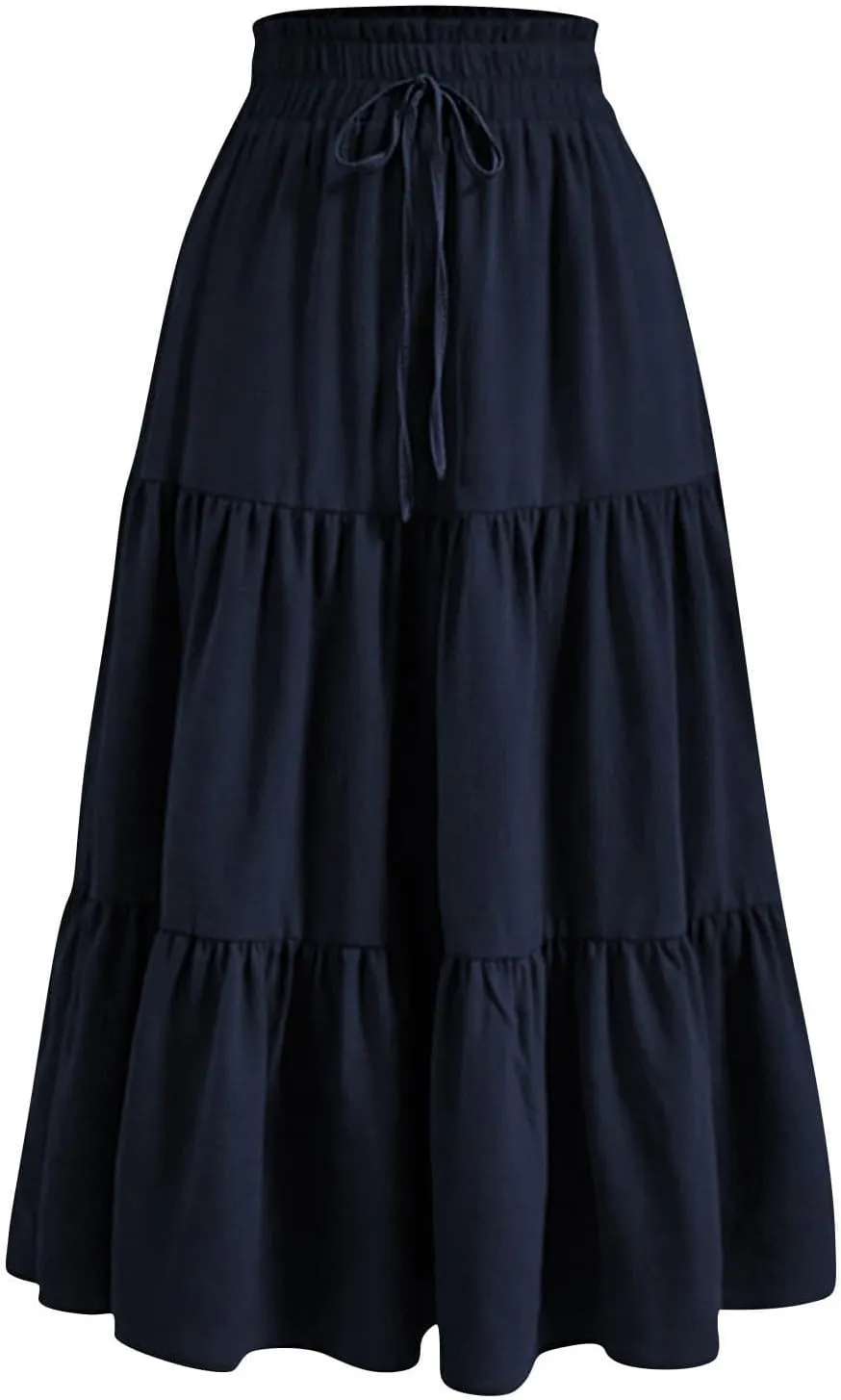 Maxi Skirts for Women 2025 Summer Boho Elastic Waist Skirts Drawstring Plus Size Trendy Casual Loose Long Skirt Dress
