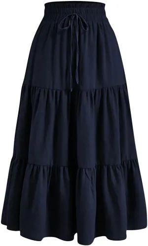 Maxi Skirts for Women 2025 Summer Boho Elastic Waist Skirts Drawstring Plus Size Trendy Casual Loose Long Skirt Dress