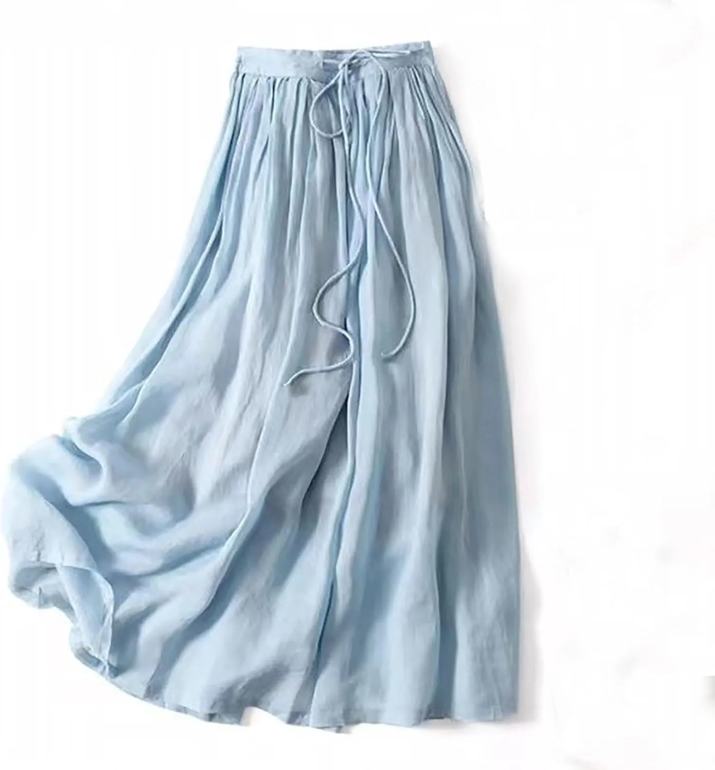 Maxi Skirts for Women Summer Drawstring High Elastic Waist Pleated A Line Skorts Solid Holiday Cotton Linen Skirt