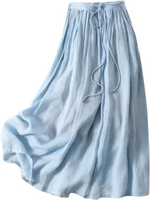 Maxi Skirts for Women Summer Drawstring High Elastic Waist Pleated A Line Skorts Solid Holiday Cotton Linen Skirt