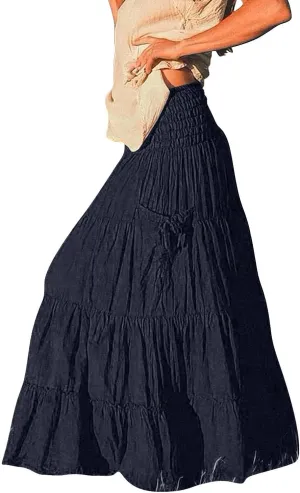 Maxi Skirts for Women Summer Elastic High Waist Flowy Boho Classic Pleated Tiered Beach Long Dress with Pockets