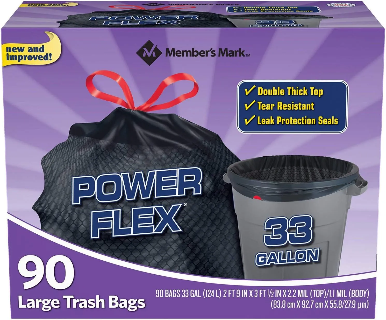 Member's Mark Power Flex 33-Gallon Large Trash Bags, 90 ct.