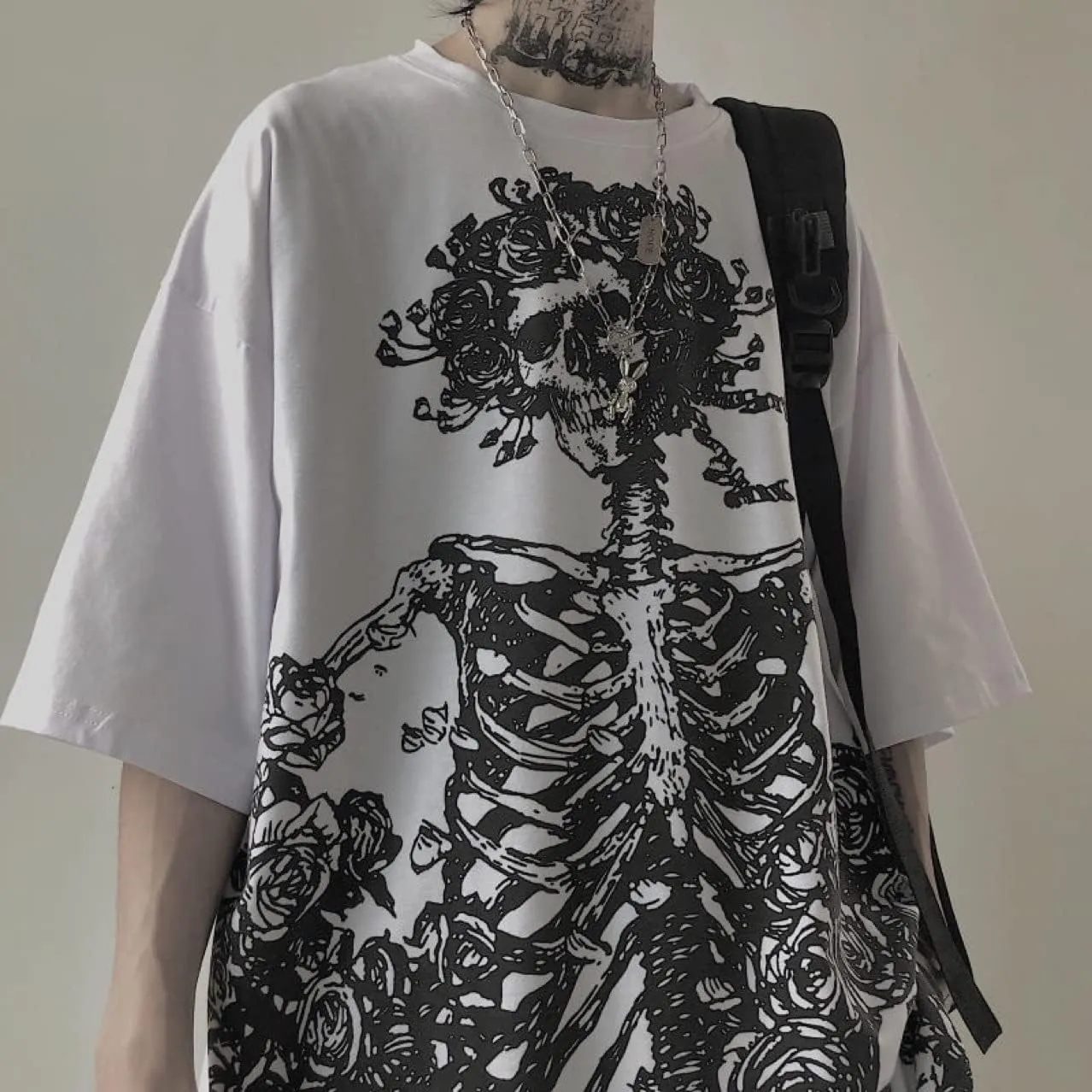 Men Women Y2K Gothic Skeleton T-Shirt Grunge Dark Academia Emo Tees Japanese Alt Harajuku Oversize Punk Skull Clothes