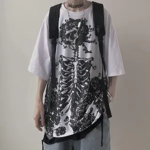 Men Women Y2K Gothic Skeleton T-Shirt Grunge Dark Academia Emo Tees Japanese Alt Harajuku Oversize Punk Skull Clothes