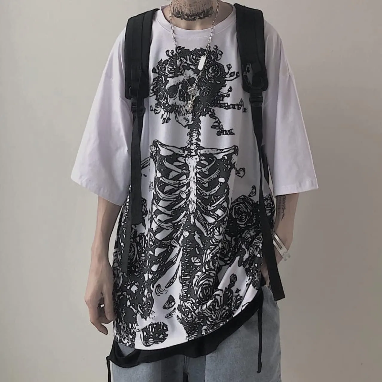 Men Women Y2K Gothic Skeleton T-Shirt Grunge Dark Academia Emo Tees Japanese Alt Harajuku Oversize Punk Skull Clothes