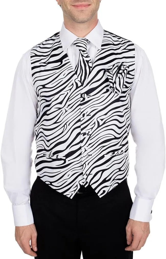 Men's Animal Printed Zebra Print Vest Neck Tie Ties and Hanky Set for Proms Weddings and Formal Events