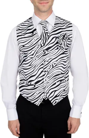 Men's Animal Printed Zebra Print Vest Neck Tie Ties and Hanky Set for Proms Weddings and Formal Events