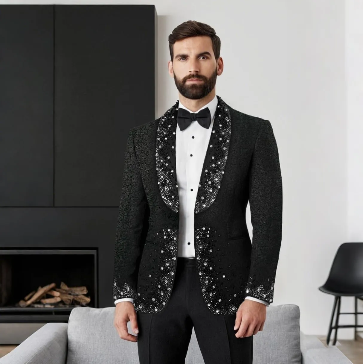 Men's Rhinestone Blazer, Handmade, Single Breasted, Slim Fit, Black Dinner Jacket