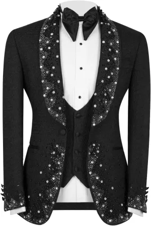 Men's Rhinestone Blazer, Handmade, Single Breasted, Slim Fit, Black Dinner Jacket