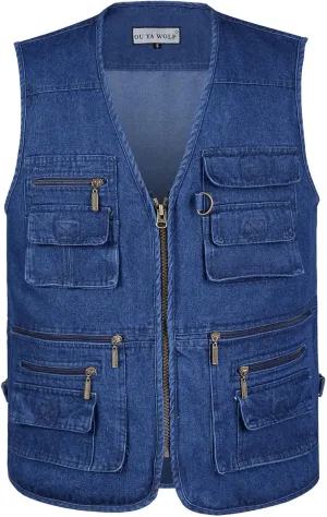Men's Utility Work Hunting Travel Fishing Multi-Pockets Outdoor Denim Jean Vests