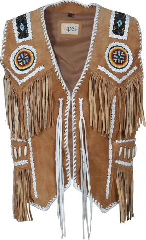 Mens Western Cowhide Suede & Leather Vest  Beaded Fringe Yoke & Back Native-Inspired Cowboy Biker Vest