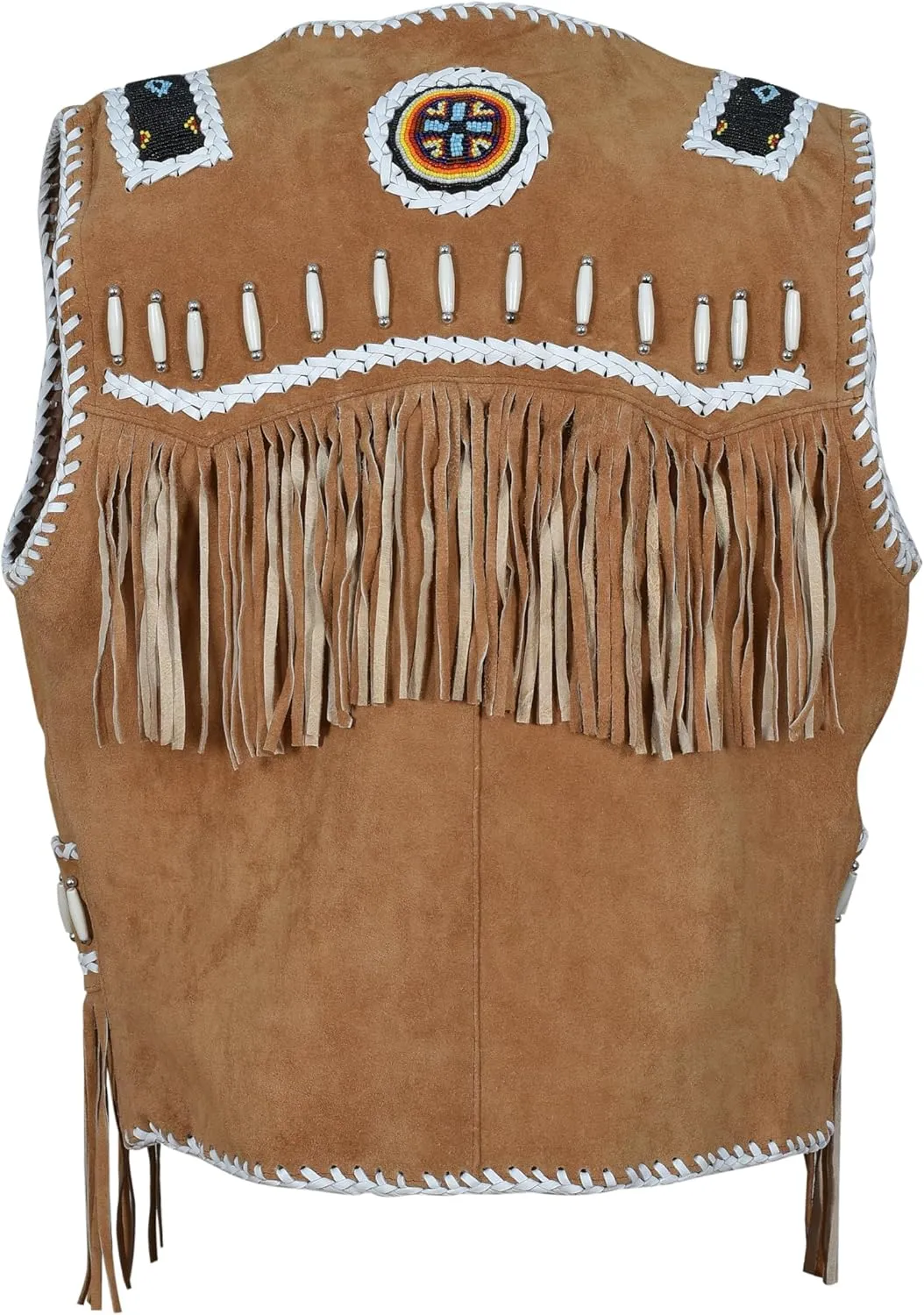 Mens Western Cowhide Suede & Leather Vest  Beaded Fringe Yoke & Back Native-Inspired Cowboy Biker Vest