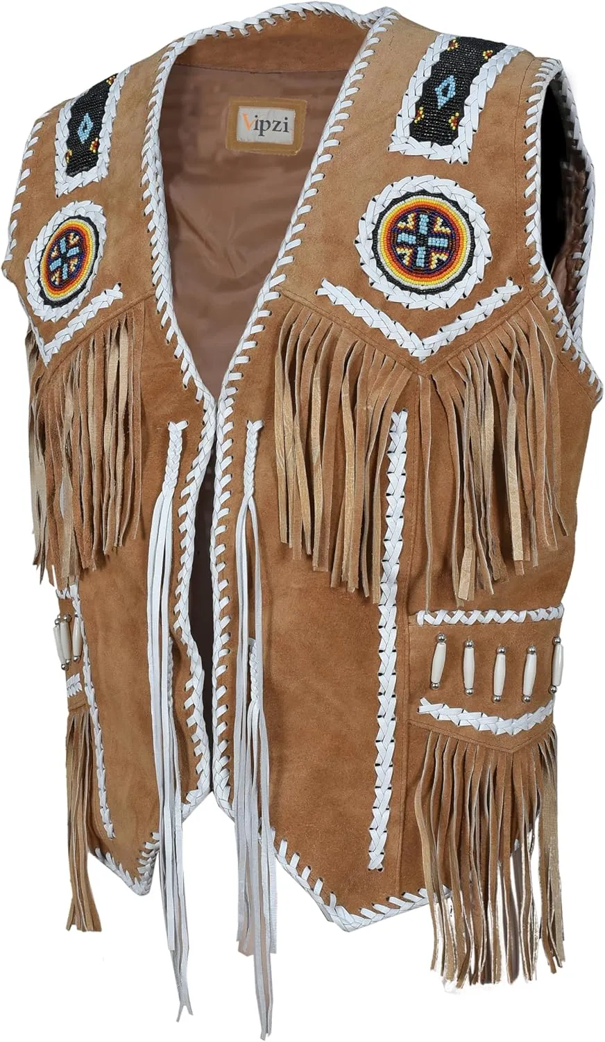 Mens Western Cowhide Suede & Leather Vest  Beaded Fringe Yoke & Back Native-Inspired Cowboy Biker Vest
