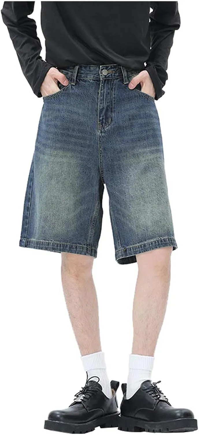 Men's Wide Leg Y2K Hip Hop Mid Jean Shorts Work Denim Shorts with Pockets Casual Summer Trendy Outfits