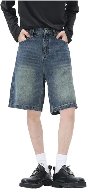 Men's Wide Leg Y2K Hip Hop Mid Jean Shorts Work Denim Shorts with Pockets Casual Summer Trendy Outfits