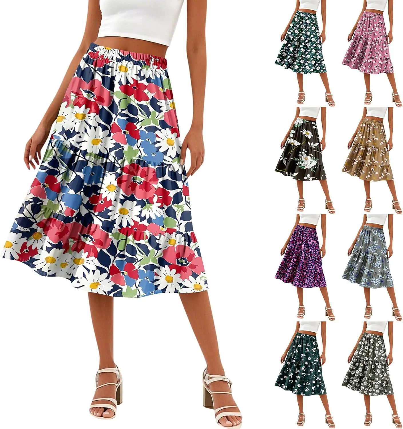 Midi Skirts for Women Summer Boho Floral Flowy Tiered Pleated High Elastic Waist A Line Skirt Beach Vacation Clothes