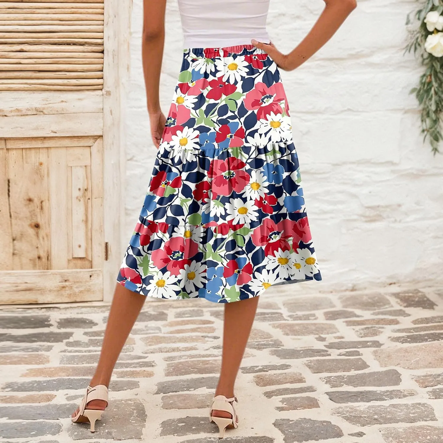 Midi Skirts for Women Summer Boho Floral Flowy Tiered Pleated High Elastic Waist A Line Skirt Beach Vacation Clothes