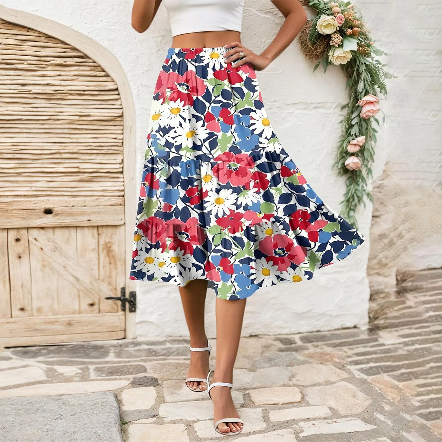 Midi Skirts for Women Summer Boho Floral Flowy Tiered Pleated High Elastic Waist A Line Skirt Beach Vacation Clothes