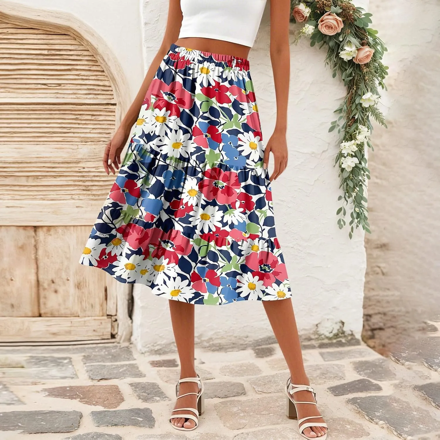 Midi Skirts for Women Summer Boho Floral Flowy Tiered Pleated High Elastic Waist A Line Skirt Beach Vacation Clothes
