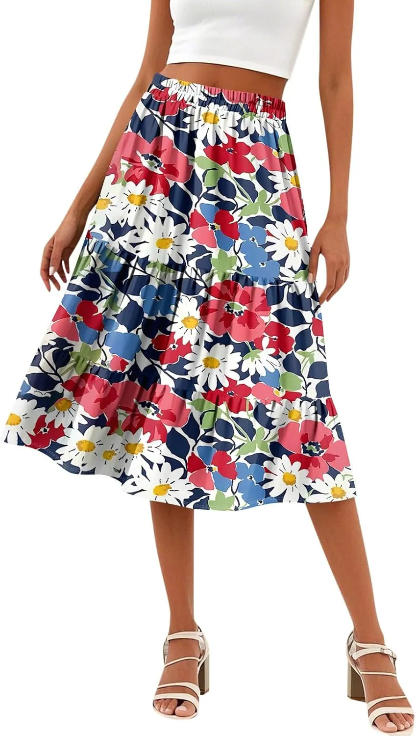 Midi Skirts for Women Summer Boho Floral Flowy Tiered Pleated High Elastic Waist A Line Skirt Beach Vacation Clothes