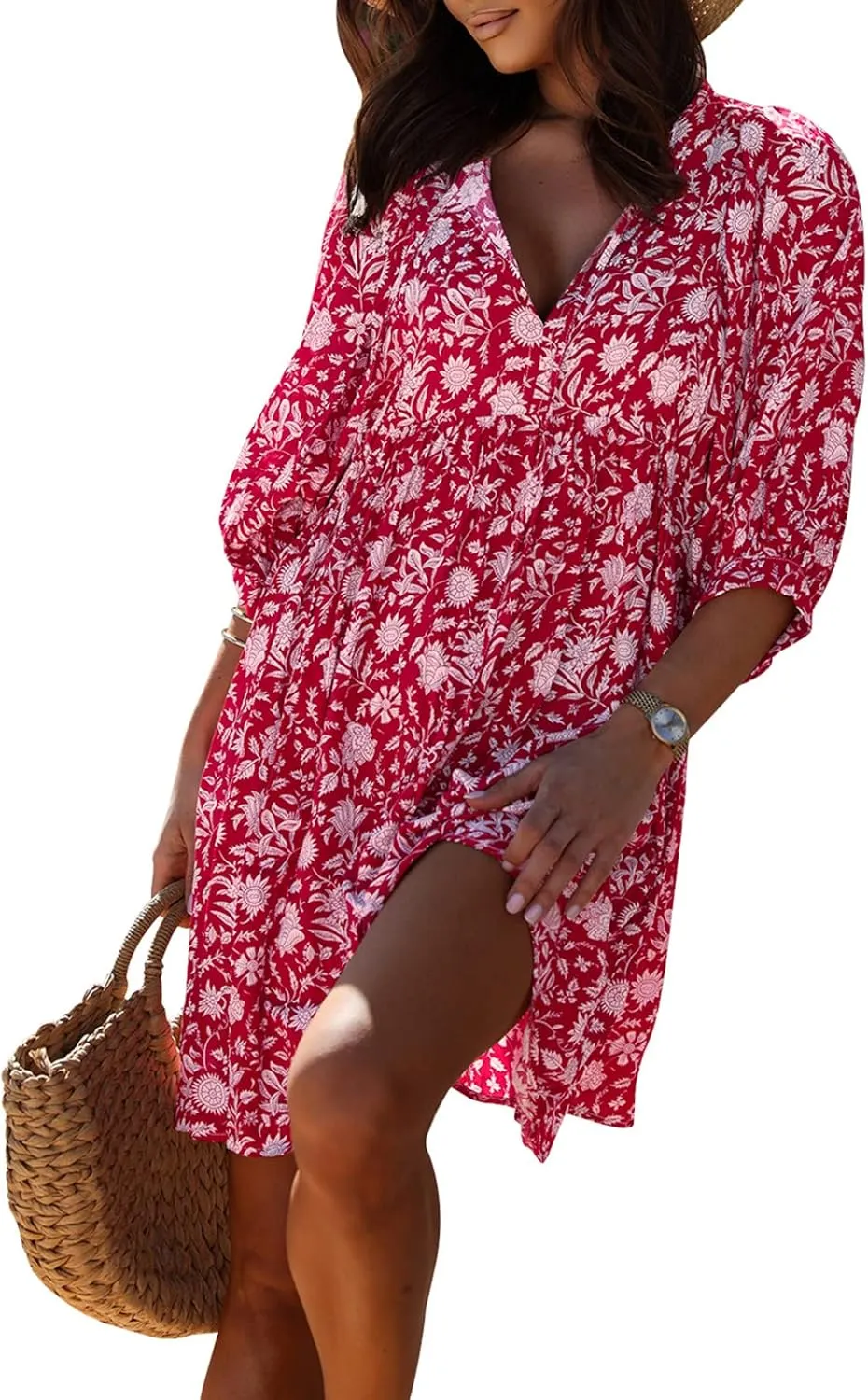 miduo Womens Casual V Neck Summer Half Sleeve Bohemian Floral Mini Tunic Short Dresses