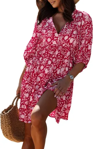 miduo Womens Casual V Neck Summer Half Sleeve Bohemian Floral Mini Tunic Short Dresses