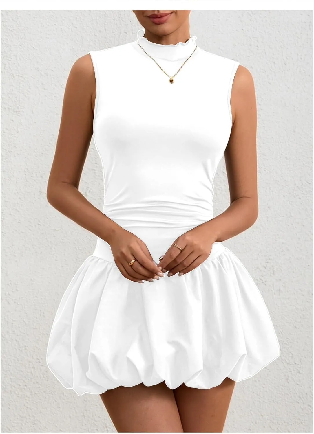 Milumia Women's Bubble Mini Dress Mock Neck Sleeveless Balletcore Puffy Short Party Dresses