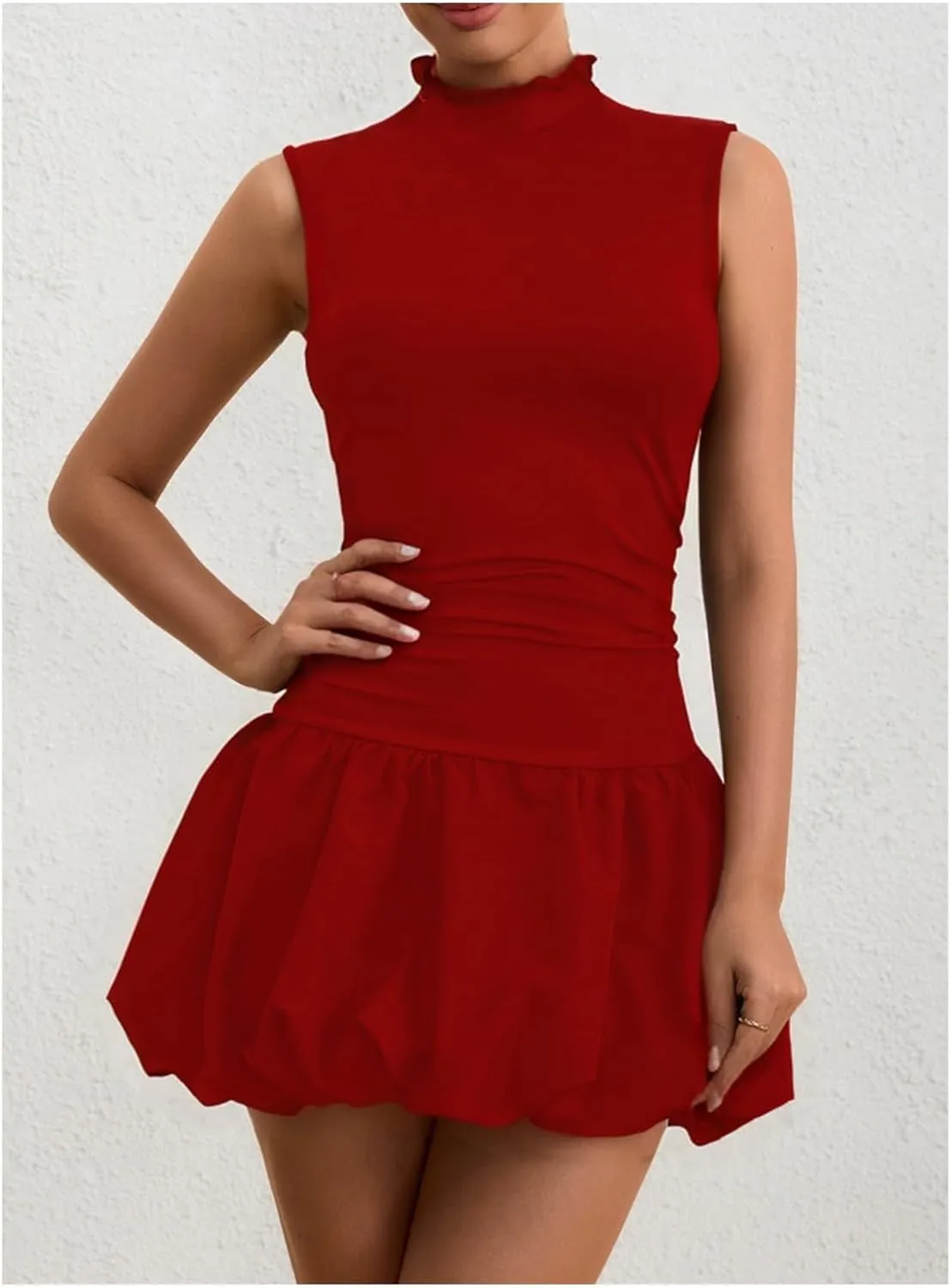 Milumia Women's Bubble Mini Dress Mock Neck Sleeveless Balletcore Puffy Short Party Dresses