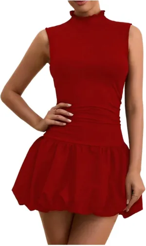 Milumia Women's Bubble Mini Dress Mock Neck Sleeveless Balletcore Puffy Short Party Dresses