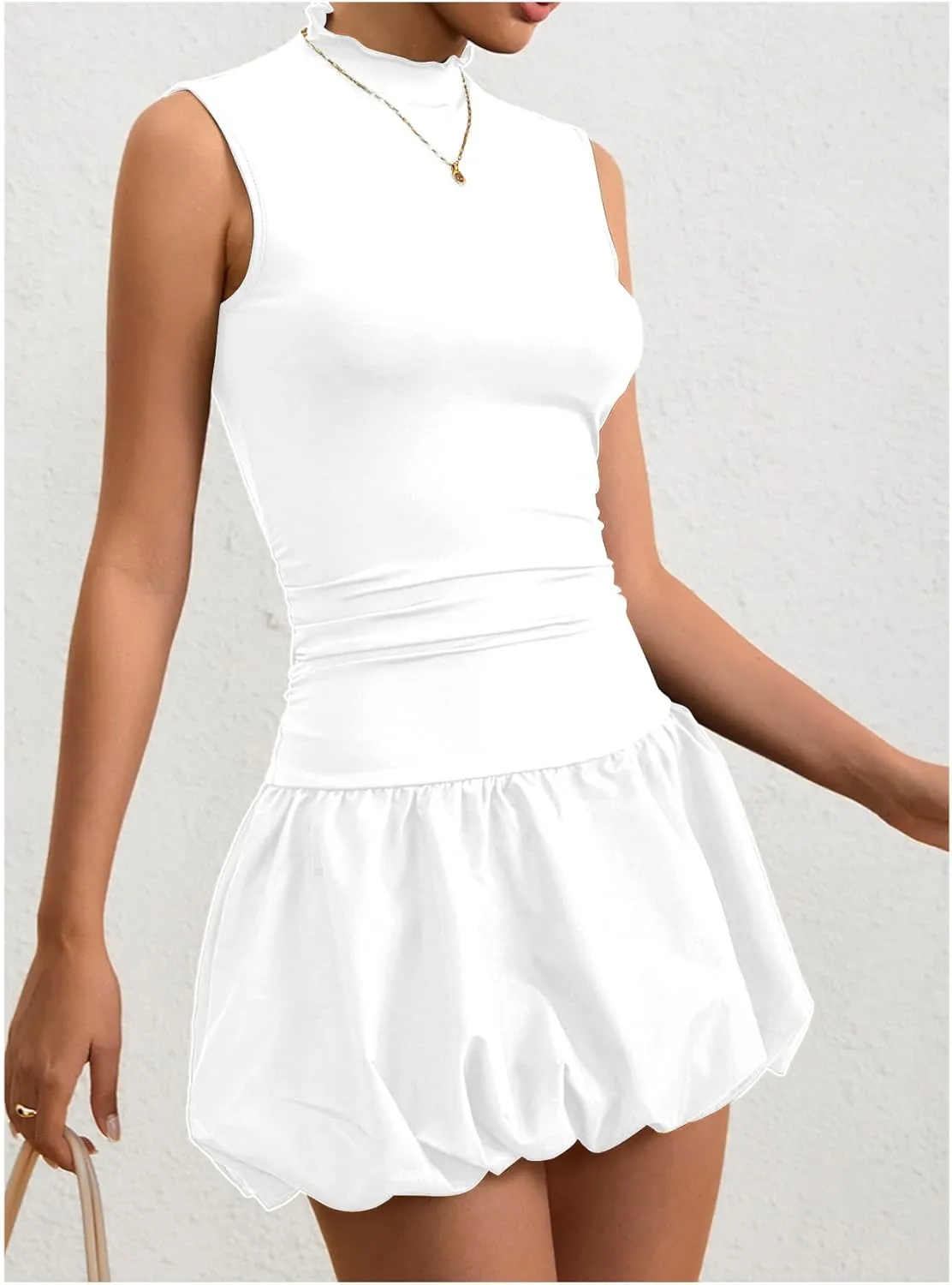 Milumia Women's Bubble Mini Dress Mock Neck Sleeveless Balletcore Puffy Short Party Dresses