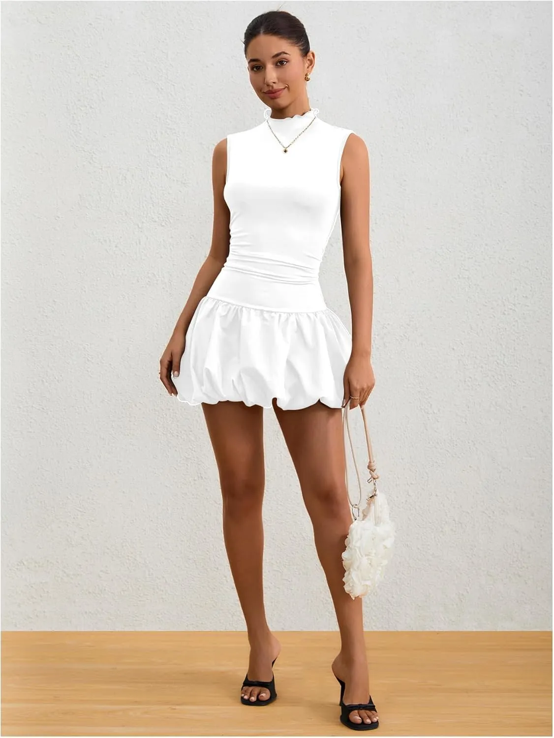 Milumia Women's Bubble Mini Dress Mock Neck Sleeveless Balletcore Puffy Short Party Dresses