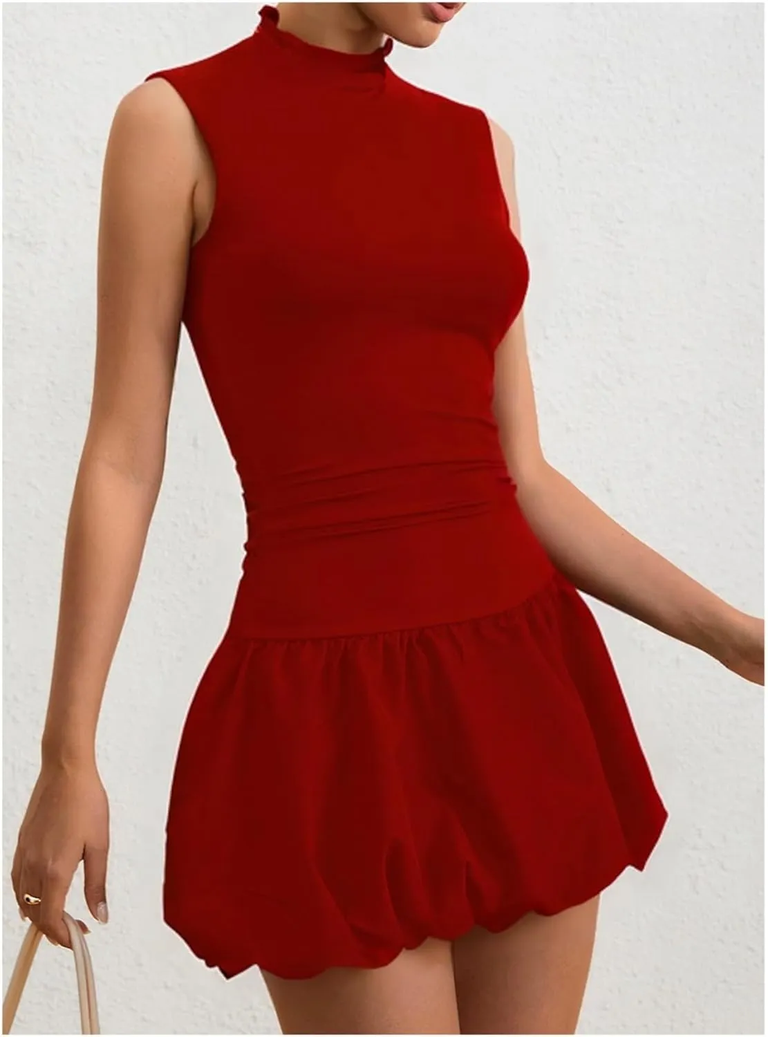 Milumia Women's Bubble Mini Dress Mock Neck Sleeveless Balletcore Puffy Short Party Dresses