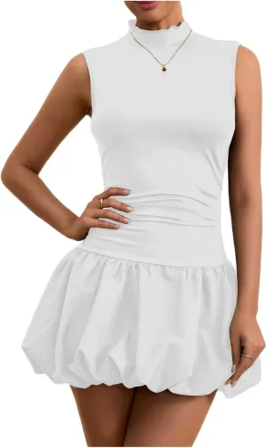Milumia Women's Bubble Mini Dress Mock Neck Sleeveless Balletcore Puffy Short Party Dresses