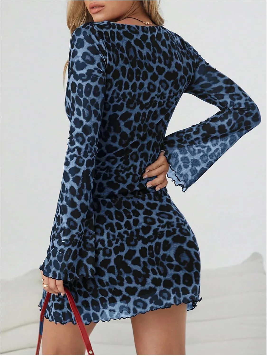 Milumia Women's Leopard Print Mesh Mini Dress Cheetah Long Bell Sleeve Short Dresses