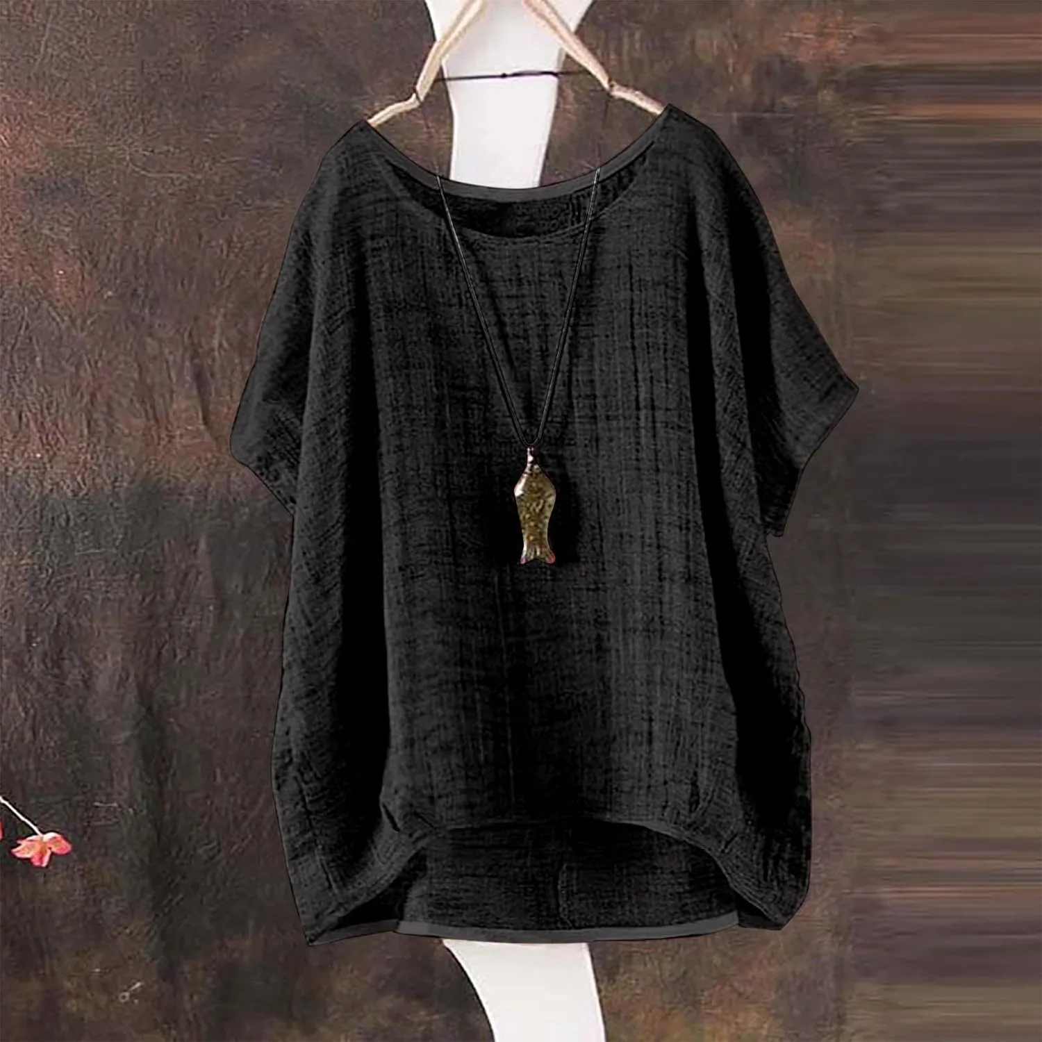 Miyaomn Women's Casual Linen Shirts Oversized Short Sleeve Crewneck Loose Fit Tees Blouse Summer Lightweight Solid Tunic Tops