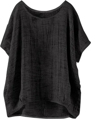 Miyaomn Women's Casual Linen Shirts Oversized Short Sleeve Crewneck Loose Fit Tees Blouse Summer Lightweight Solid Tunic Tops