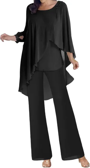 Mother of The Bride Dresses Pant Suits Chiffon Evening Formal Dress Beaded 3/4 Sleeve Cloak Wedding Guest Groom Women's